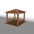 Traditional Wooden Pavilion With Carved Railings Bench And Wooden Platform