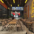 Industrial Bar With Gray Wall Yellow Pendant Lights Long Tables Chairs Large Windows Floor Arrows