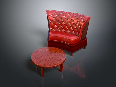Red Tufted Leather Chair And Round Wooden Coffee Table With Wood Grain 3d model