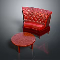 Red Tufted Leather Chair And Round Wooden Coffee Table With Wood Grain