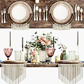 Elegant Dinnerware Set On Dining Table With Plates Utensils Flower Bouquet And Tassel Decorations