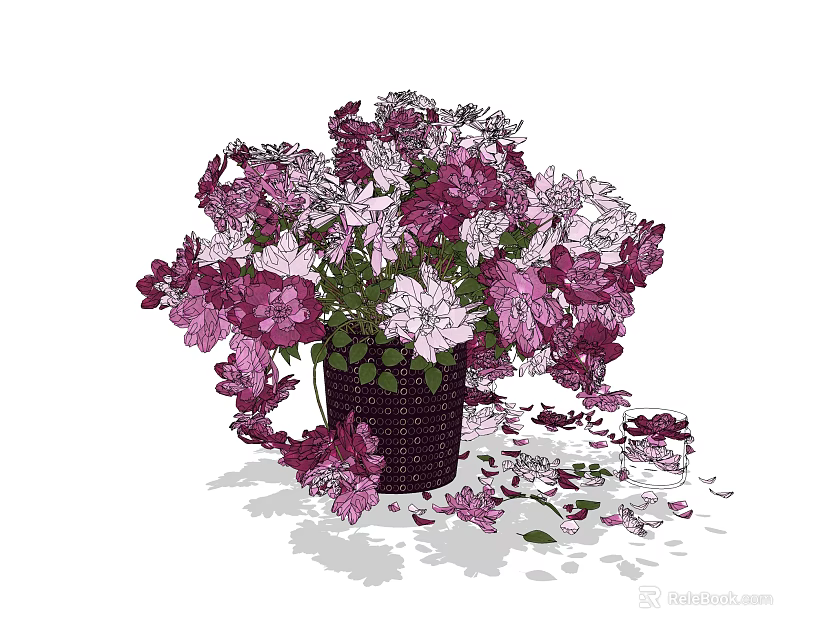 Elegant Woven Basket Vase With Purple Pink Flowers And Scattered Petals 3d model 