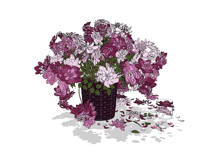 Elegant Woven Basket Vase With Purple Pink Flowers And Scattered Petals 3d model