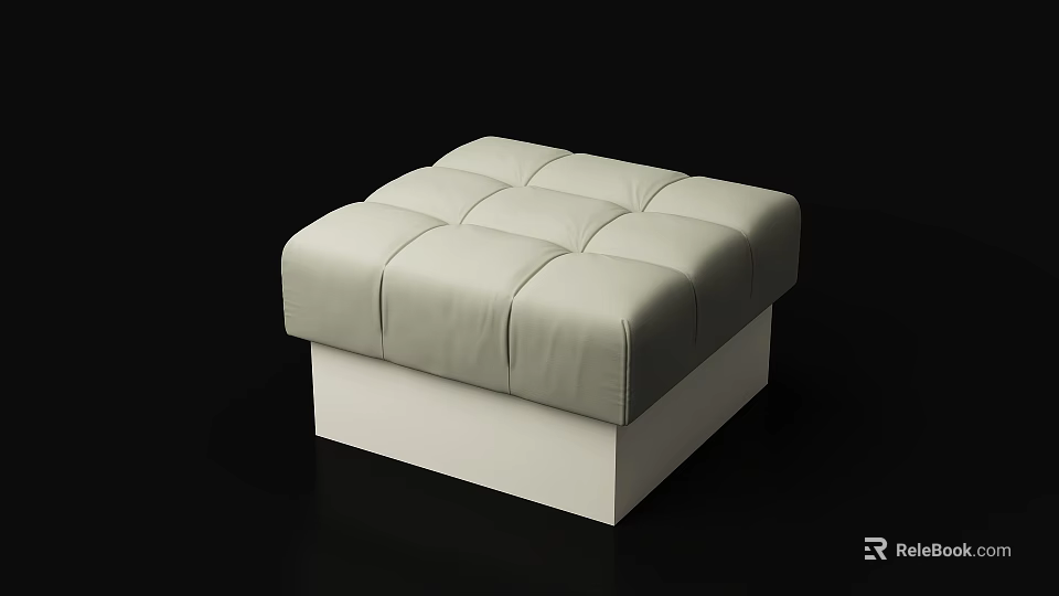 Modern Light Gray Leather Ottoman with Tufted Design and White Square Base 3d model 