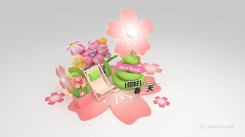 Spring Themed Photo Check In Spot With Cherry Blossoms Pink Flowers And Green Plants 3d model 