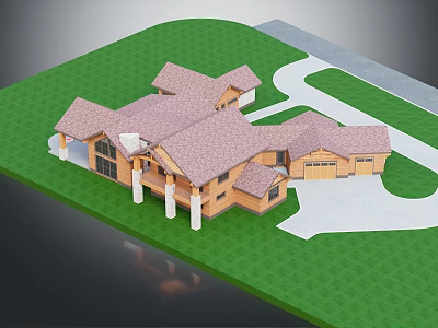Wooden Single Family House With Multiple Gabled Roofs Green Lawn And Driveway 3d model