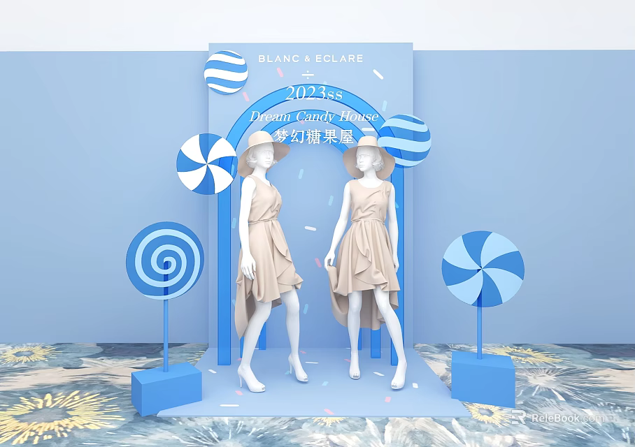Dreamy Candy Pop-up Store With Models In Beige Dresses And Blue White Lollipop Decorations 3d model 