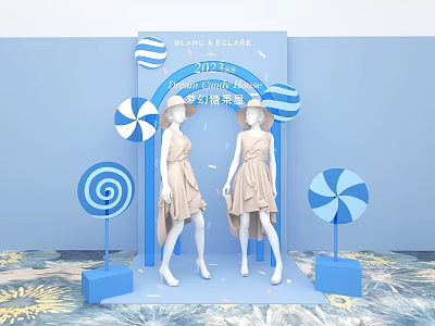 Dreamy Candy Pop-up Store With Models In Beige Dresses And Blue White Lollipop Decorations 3d model