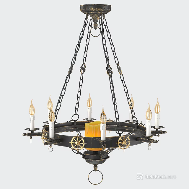 Ornate Vintage Chandelier With Hanging Chains And Candle Lights Metal Decor 3d model 