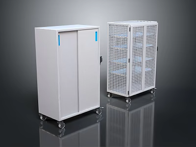 White Storage Cabinets With Wheels Blue Stripes And Mesh Doors Design 3d model