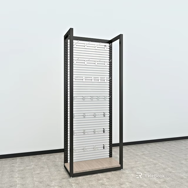 Black Frame Metal Display Shelf With White Slats And Hanging Hooks 3d model 