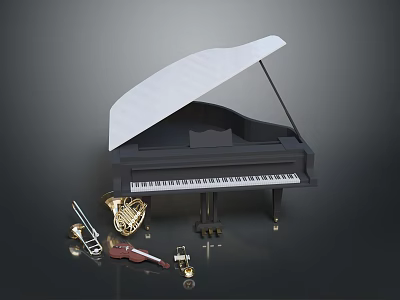 Black Grand Piano With Brass Instruments Violin And Music Stand Setup 3d model