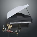 Black Grand Piano With Brass Instruments Violin And Music Stand Setup