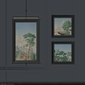 Abstract Paintings With Green Trees Blue Sky And Dark Frames On Gray Wall 3d model