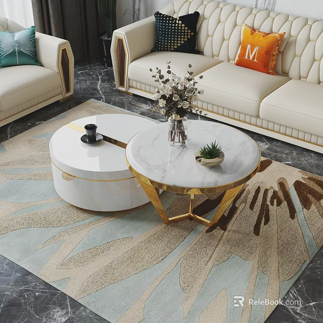 Round Marble Top Coffee Table With Gold Base Flower Vase And Plant On Patterned Rug 3d model 