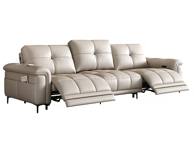 Modern Light Beige Leather Three Seater Sofa With Dual Reclining Seats And Black Metal Legs 3d model
