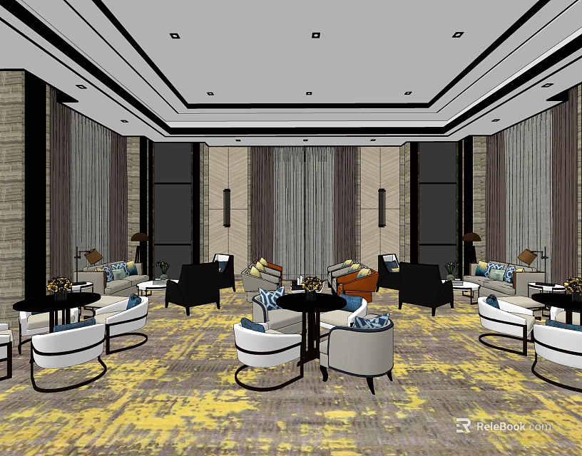 Elegant Hotel Public Lounge Area With Modern Sofas Chairs Tables And Patterned Carpet 3d model