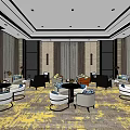 Elegant Hotel Public Lounge Area With Modern Sofas Chairs Tables And Patterned Carpet 3d model