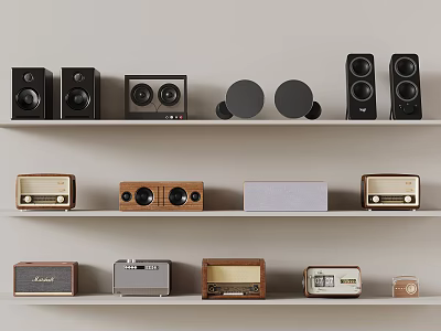 Vintage Radios And Modern Speakers Neatly Arranged On Three Shelves 3d model
