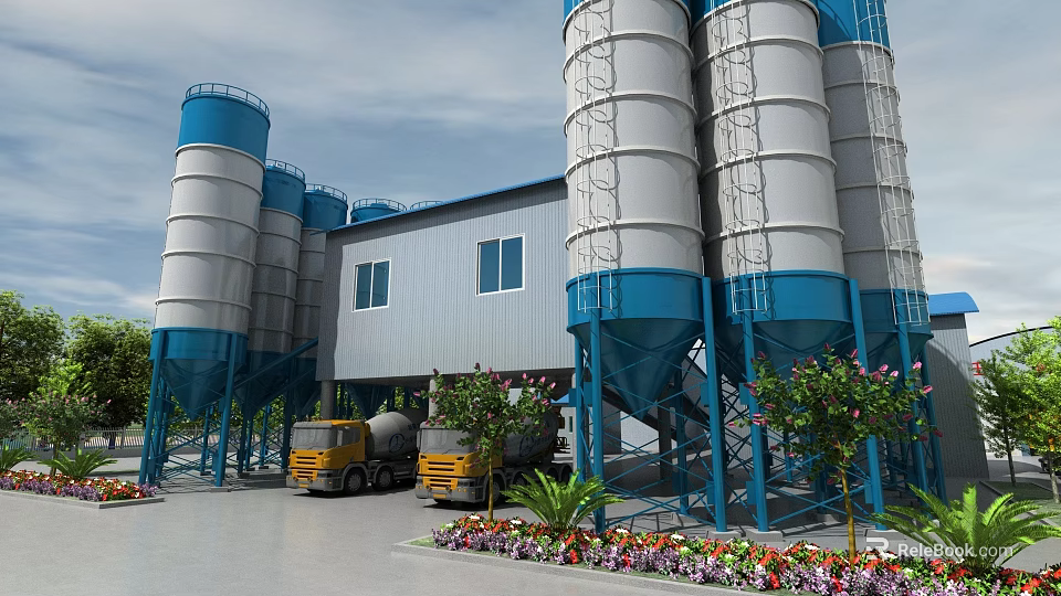 Industrial Plant with Blue and White Silos Yellow Concrete Mixers and Surrounding Flowers 3d model 