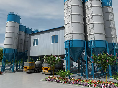 Industrial Plant with Blue and White Silos Yellow Concrete Mixers and Surrounding Flowers 3d model