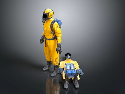 Yellow Protective Suits With Standing And Crouching Figures On Gray Background 3d model