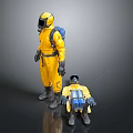 Yellow Protective Suits With Standing And Crouching Figures On Gray Background 3d model