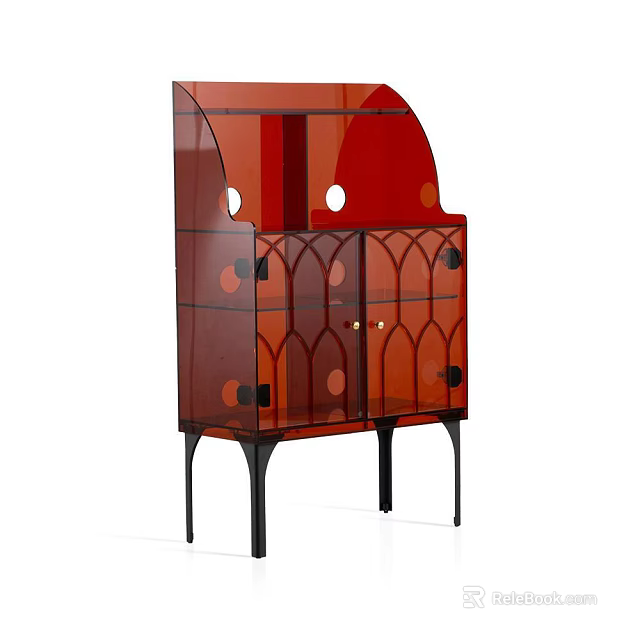 Unique Red Decorative Cabinet With Glass Door Round Cutouts And Black Legs 3d model 