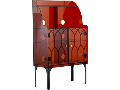 Unique Red Decorative Cabinet With Glass Door Round Cutouts And Black Legs 3d model
