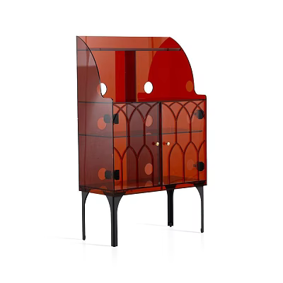 Unique Red Decorative Cabinet With Glass Door Round Cutouts And Black Legs 3d model