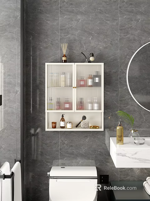 Wall Mounted Bathroom Cabinet With Glass Shelves And Toiletries On Marble Wall 3d model 