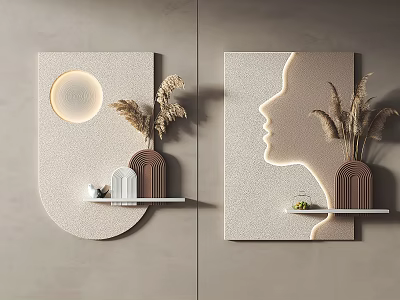 Modern Wall Decor With Circular Light Face Silhouette Dried Grass And Brown Vase 3d model