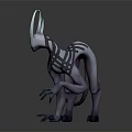 3D Model of Fantasy Creature With White Circular Horns Slender Body Clawed Limbs And Black Patterns