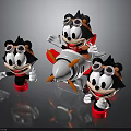 Three Black White Cartoon Toy Figures With Airplane Model Goggles Red Base Design
