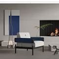 Modern Blue And White Single Sofa With Fireplace Plant And Painting In Modern Living Room