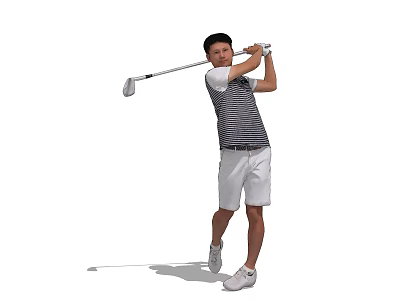 Man Swinging Golf Club in Action with Striped Shirt and White Shorts 3d model