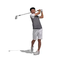 Man Swinging Golf Club in Action with Striped Shirt and White Shorts