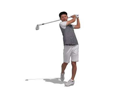 Man Swinging Golf Club in Action with Striped Shirt and White Shorts 3d model