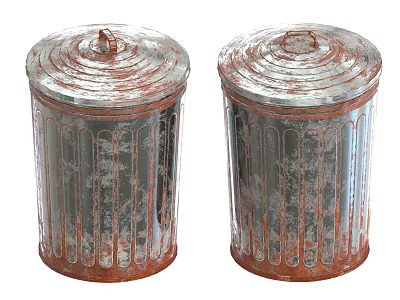 Pair of Rusted Metal Trash Cans with Vintage Design for Home Use 3d model