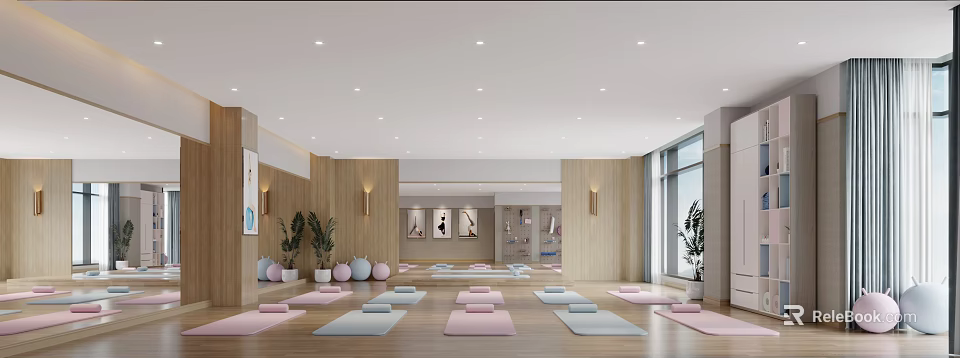 Yoga Studio With Colorful Mats In Bright Space 3d model