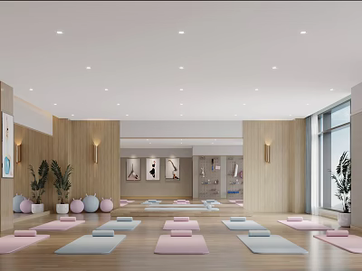 Yoga Studio With Colorful Mats In Bright Space 3d model