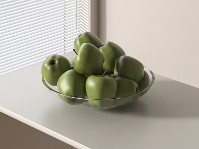 Fresh Green Apples in Glass Bowl on Window Sill with Blinds 3d model
