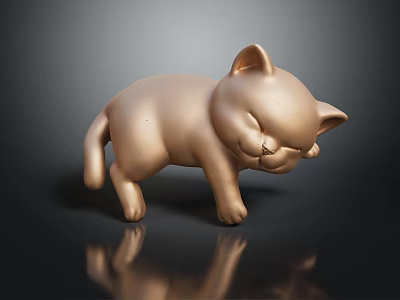 Golden Kitten Sculpture with Closed Eyes Standing on Black Surface and Reflection 3d model