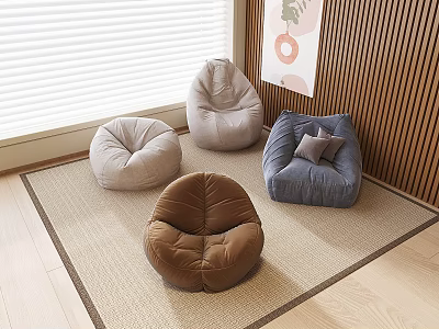 Cozy Bean Bag Chairs in Various Colors for Modern Living Room with Wooden Wall 3d model