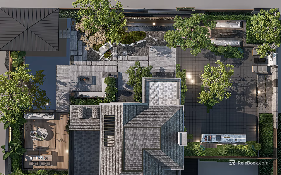 Landscaped Courtyard Garden with Trees Stone Pavement Seating Area and Outdoor Lighting 3d model 