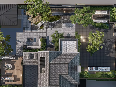 Landscaped Courtyard Garden with Trees Stone Pavement Seating Area and Outdoor Lighting 3d model