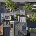 Landscaped Courtyard Garden with Trees Stone Pavement Seating Area and Outdoor Lighting