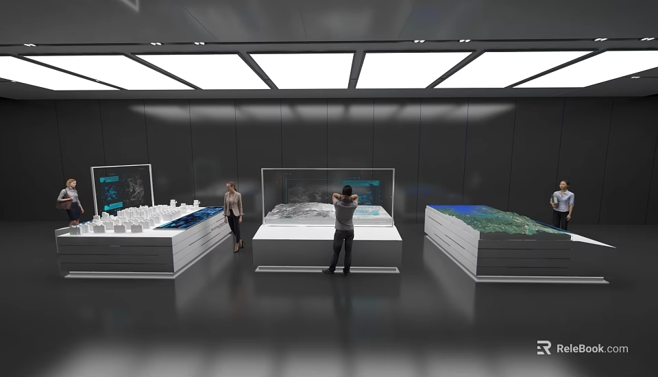 Modern Exhibition Hall With Display Stands And Architectural Models For Visitors Viewing 3d model 