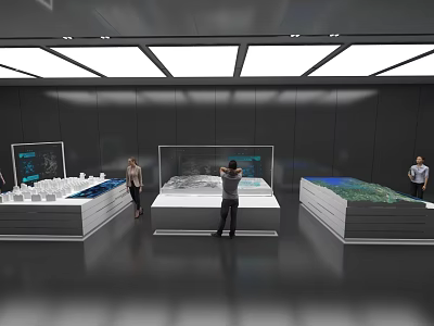 Modern Exhibition Hall With Display Stands And Architectural Models For Visitors Viewing 3d model