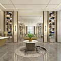 Modern Sales Office Interior With Central Model Display Chandelier And Bookshelves